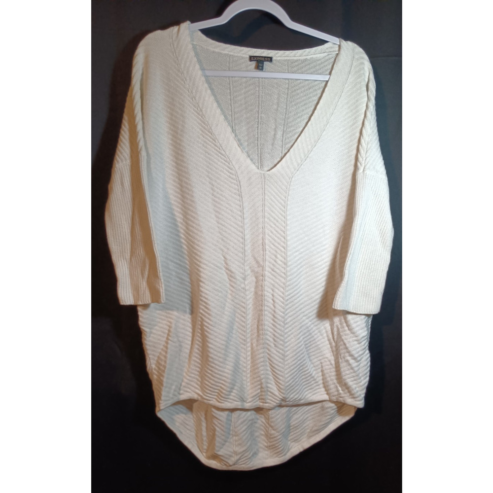 Express Oversized Tunic Sweater Womens Large Ivory V-Neck 3/4 Sleeve Knit Top